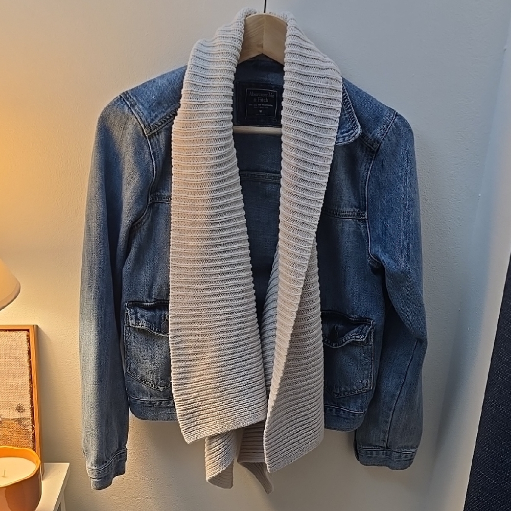 Abercrombie & Fitch denim jacket with an attached cream knit draped shawl